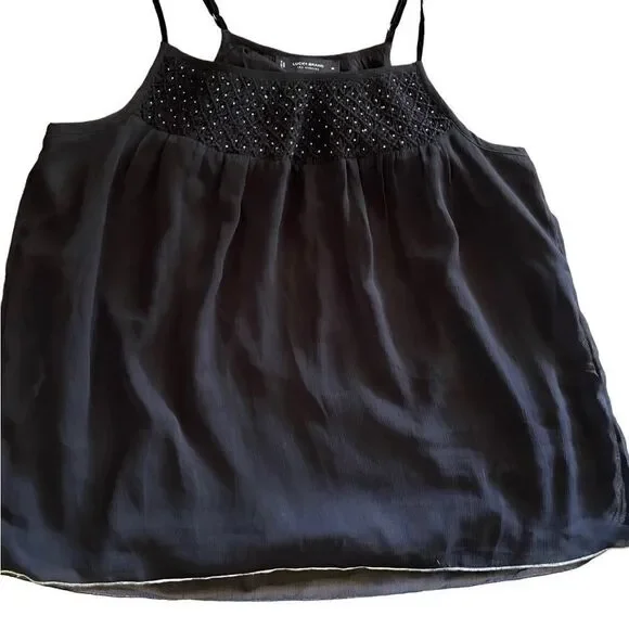 Lucky brand black silver flowy sheer smocked camisole w/gold trim hem sz M - Picture 15 of 16